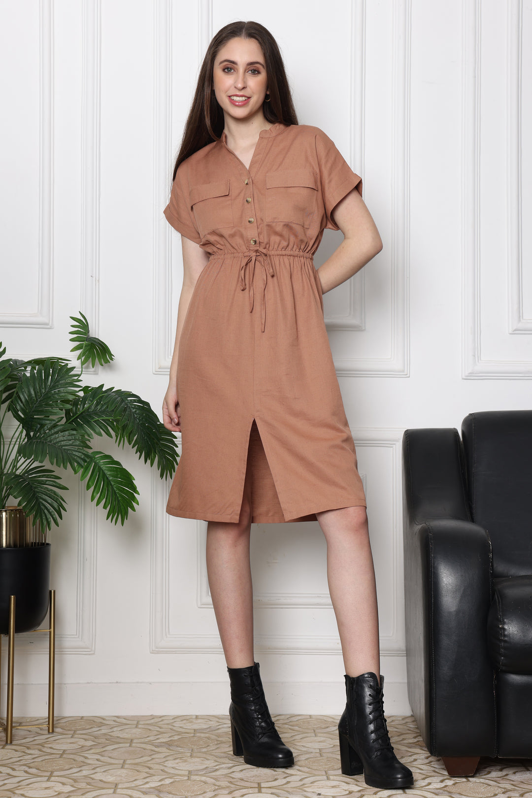 Rustic Charm Safari Waist Tie Up Dress With Front Pockets