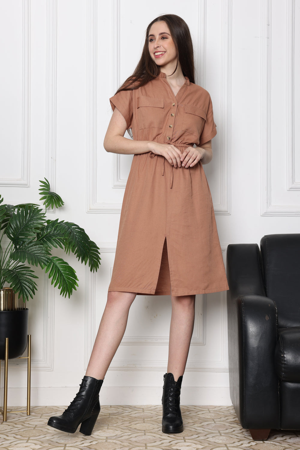 Rustic Charm Safari Waist Tie Up Dress With Front Pockets