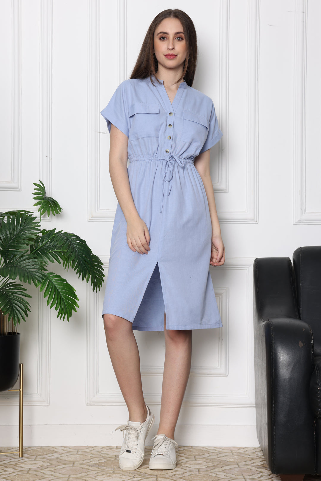 Sky Mist Safari Modern Tie Up Dress With Front Pockets