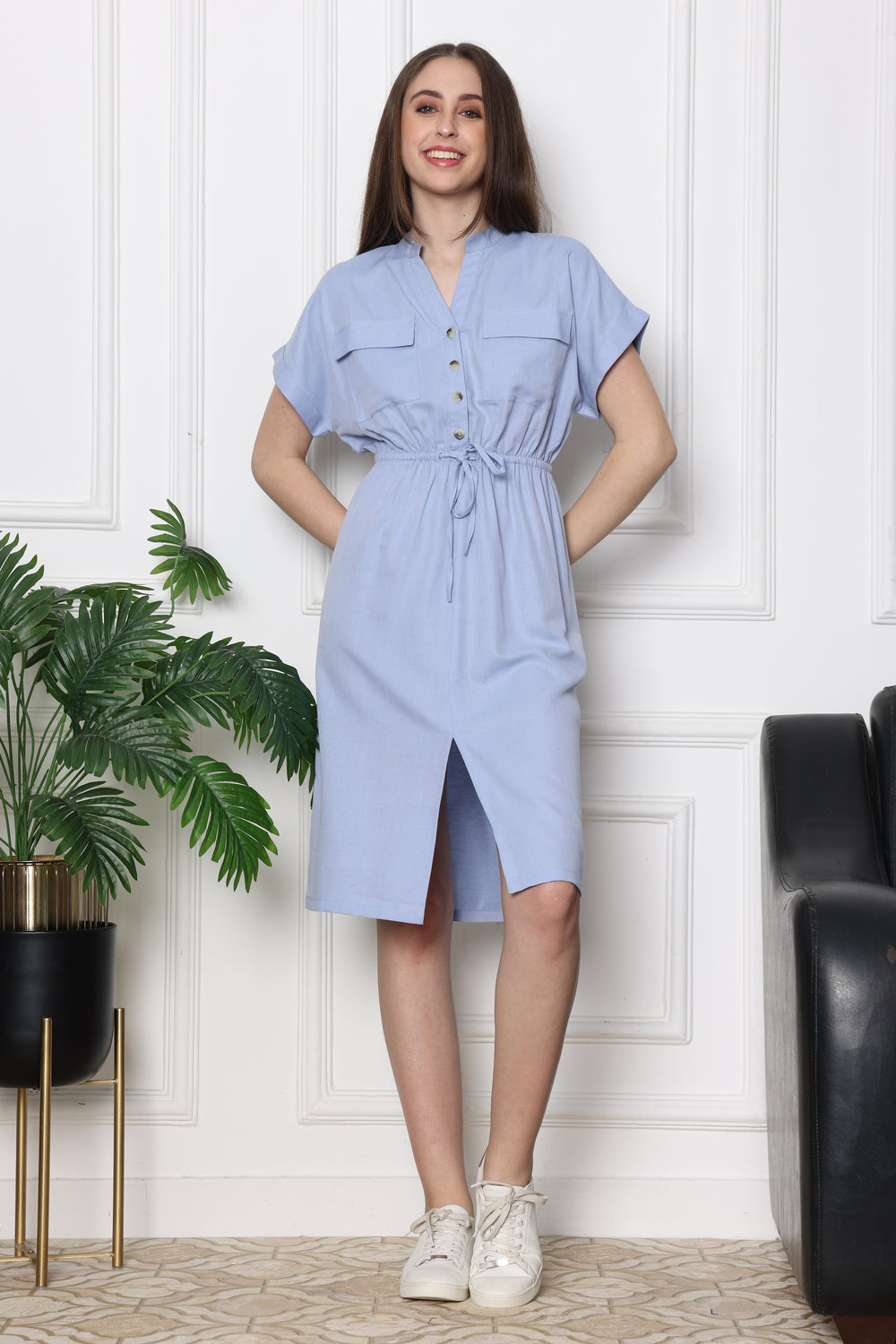 Sky Mist Safari Modern Tie Up Dress With Front Pockets