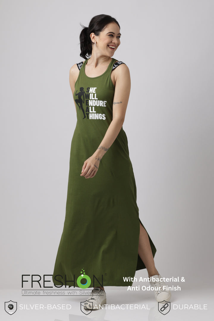 Pesto Greens Sporty Luxe soft lounge dress For women