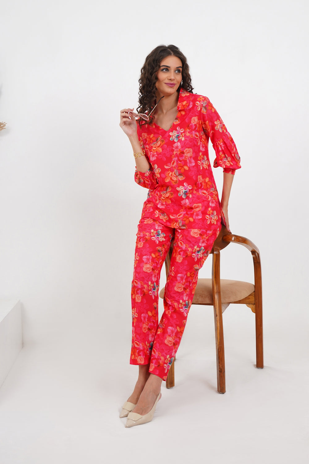 Blooming Puff Sleeve printed co ord set for women