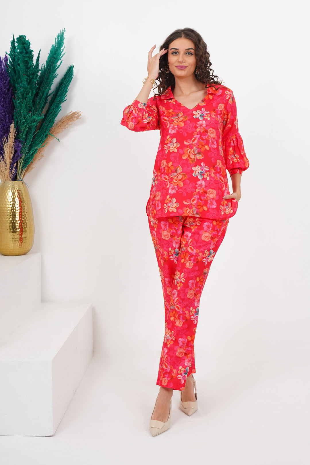 Blooming Puff Sleeve printed co ord set for women