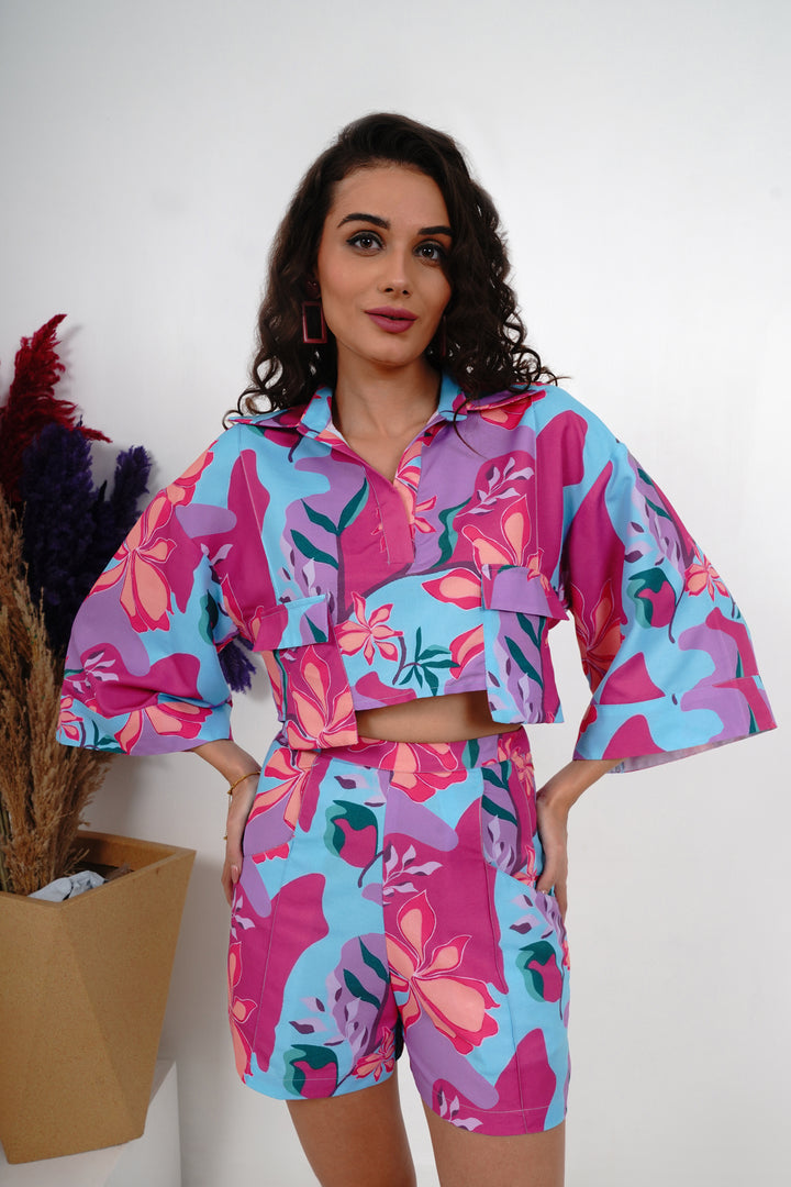Loose-Fit Printed 3/4 Sleeve Shorts and Shirt Co Ord