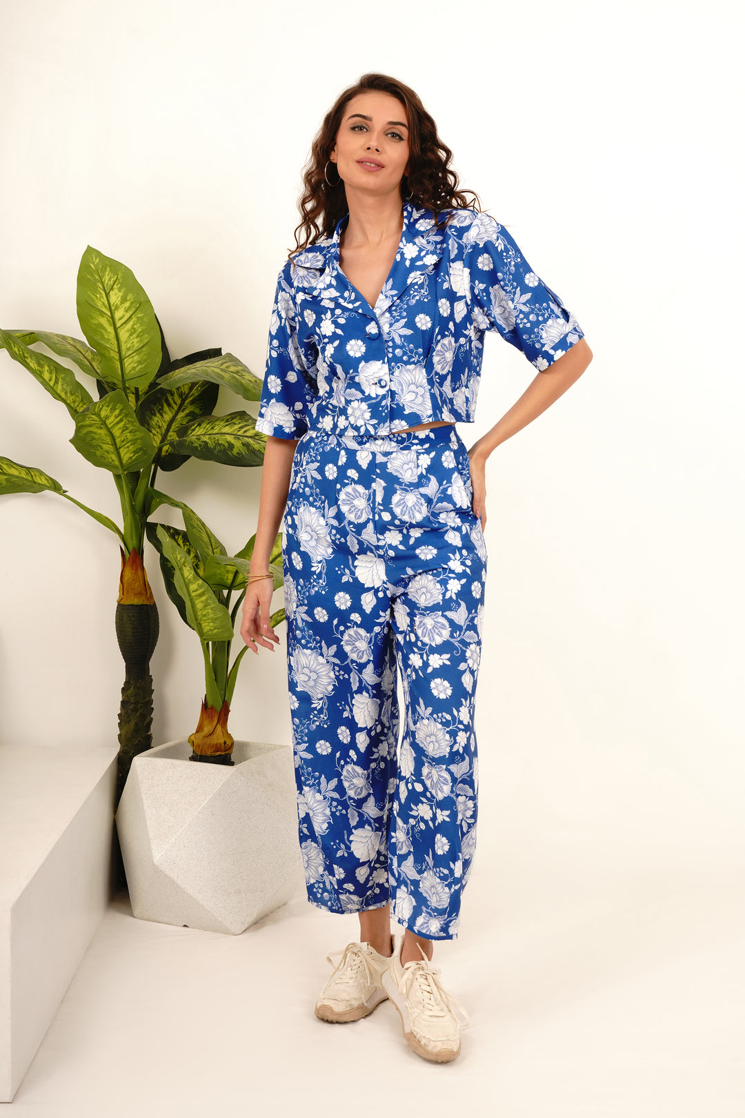 Extended Collar Calf-length Co Ord Shirt and Trousers