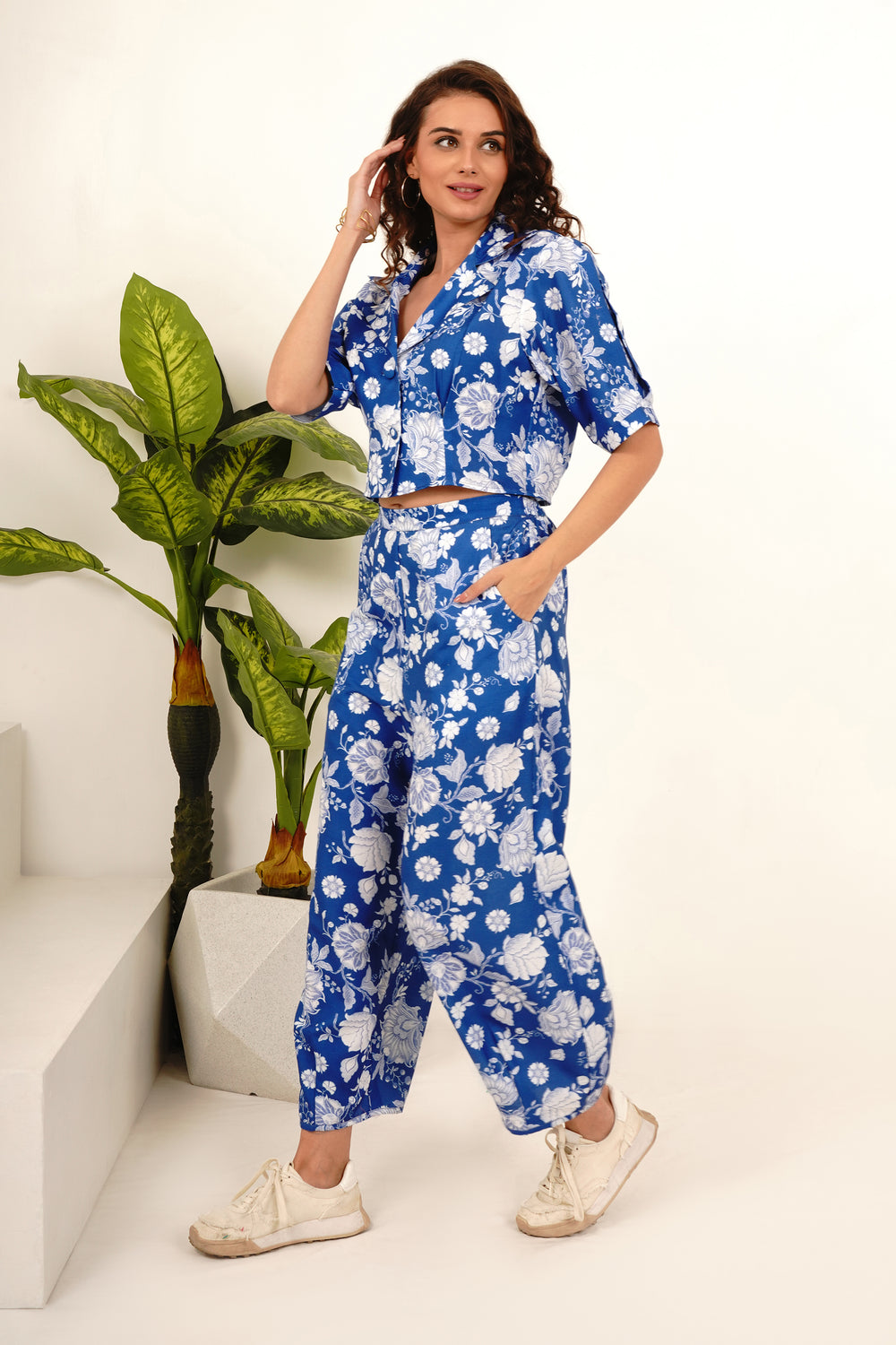 Extended Collar Calf-length Co Ord Shirt and Trousers