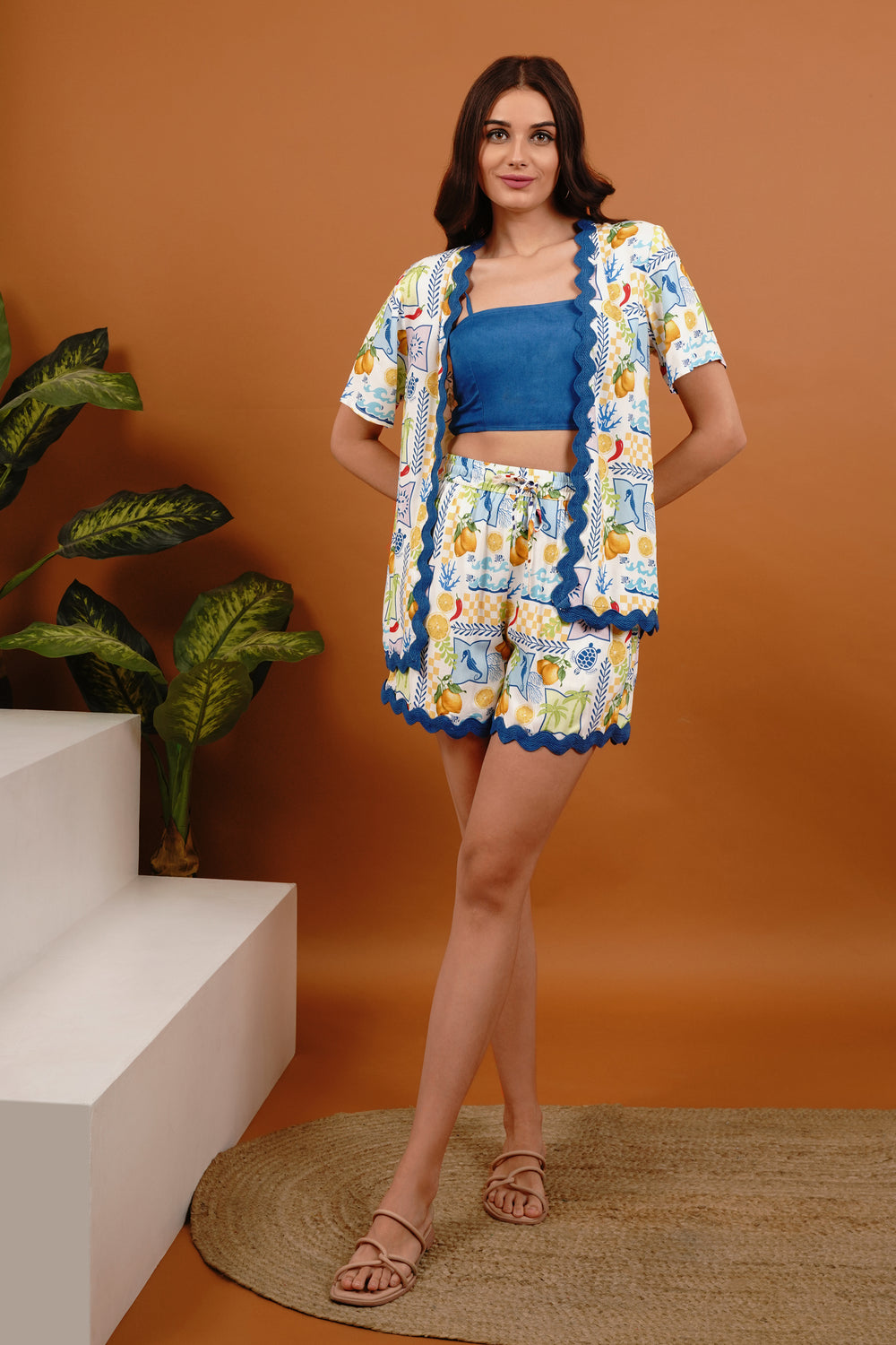 Shawl Neck Squeeze The Day Vacay 3 Pcs Short Set