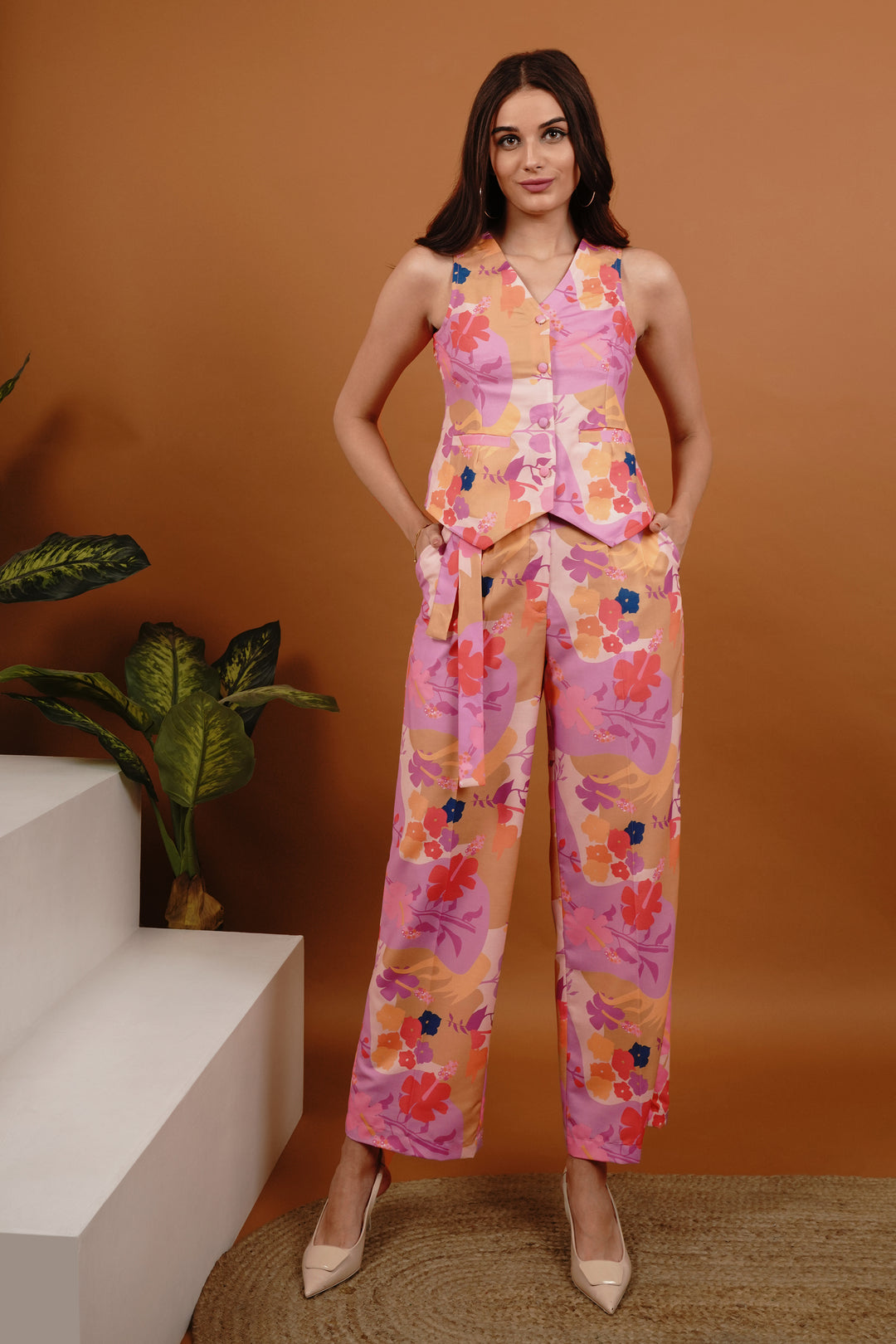 Floral Fizz Sleeveless Vest Co-Ord Set For Ladies
