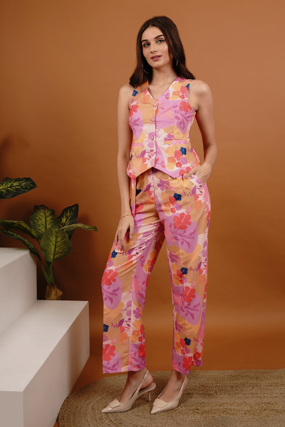 Floral Fizz Sleeveless Vest Co-Ord Set For Ladies