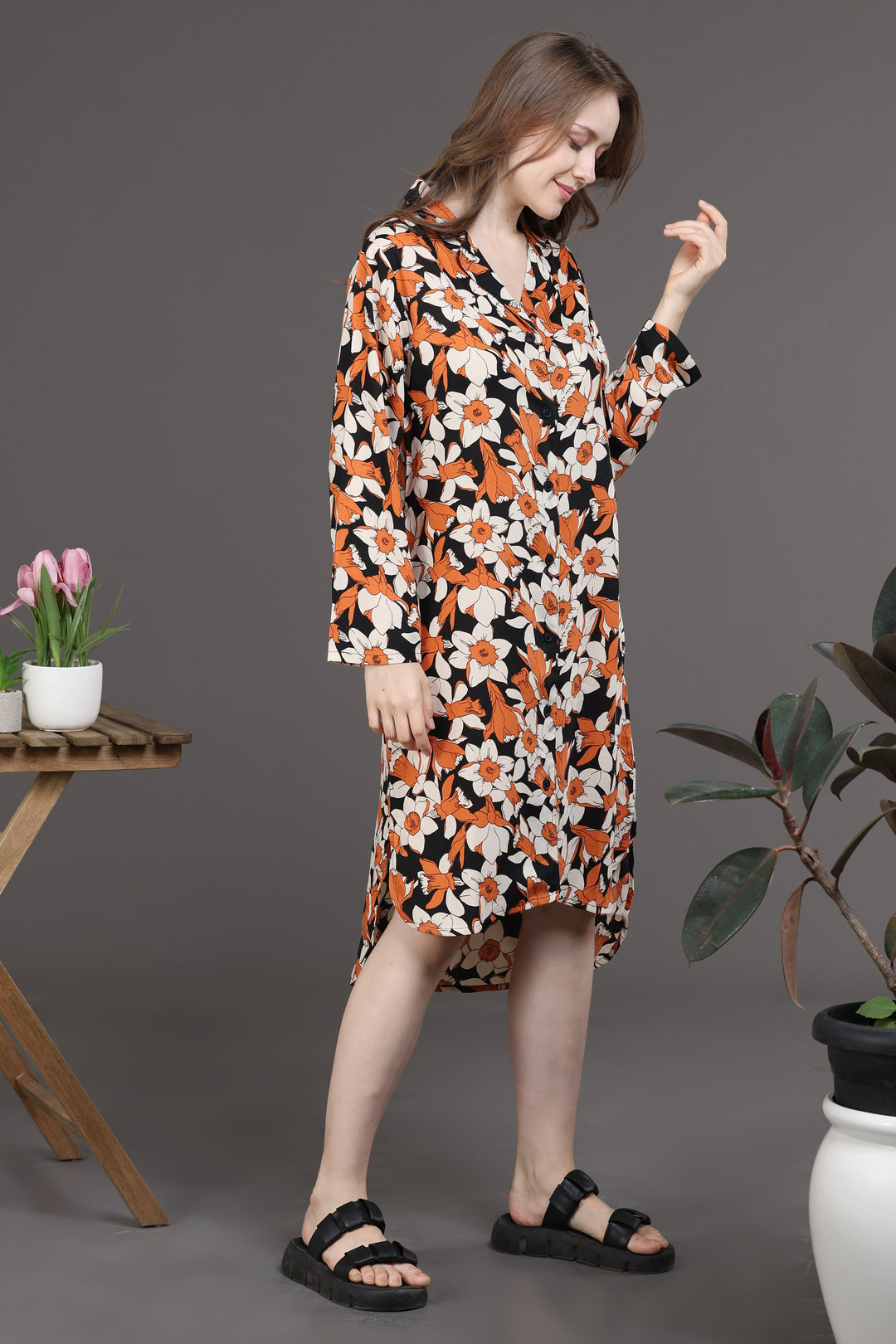 Elegant Floral Dress(Orange/black)