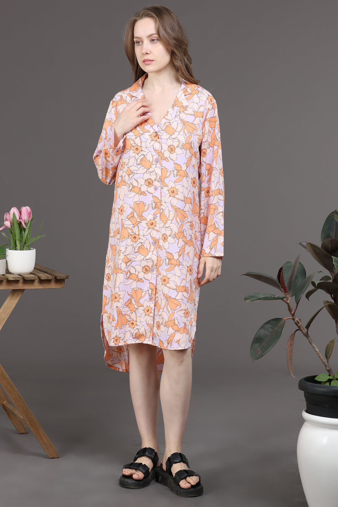 Elegant Floral Dress(Orange/Skin)