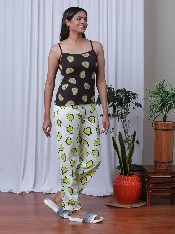 Avo-Cuddle Brown & Yellow Printed Pyjama set