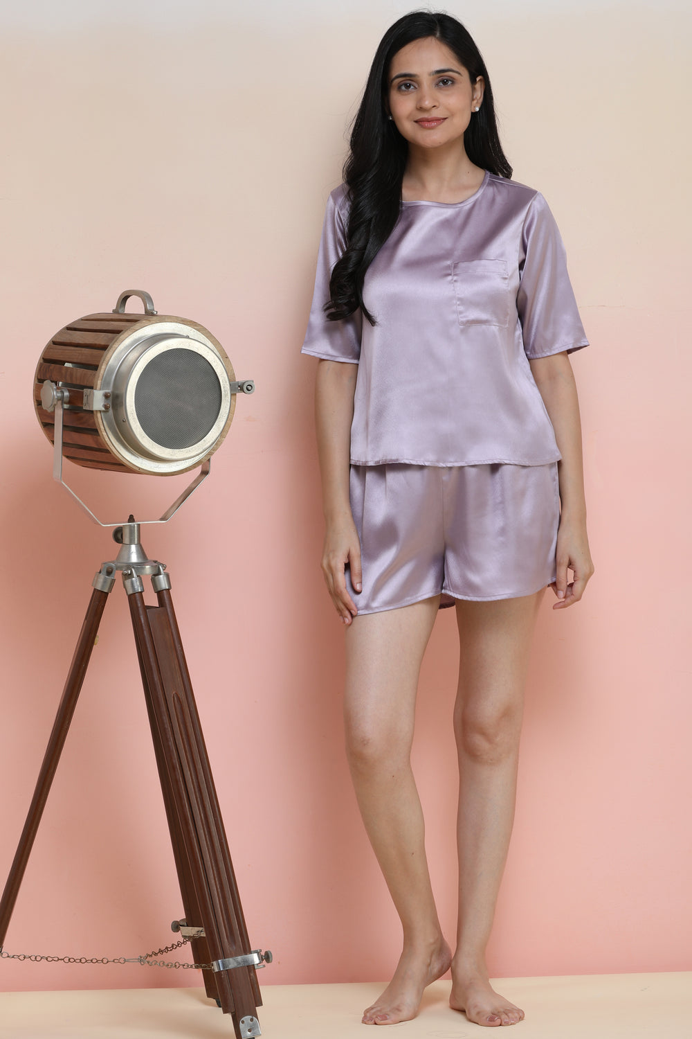 Lilac Half Sleeve Shorts For Women Sleepwear With Pocket