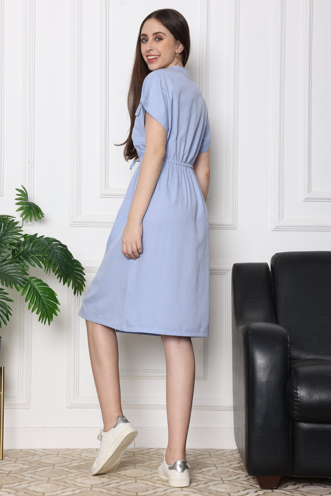  Sky Mist Safari Modern Tie Up Dress With Front Pockets 