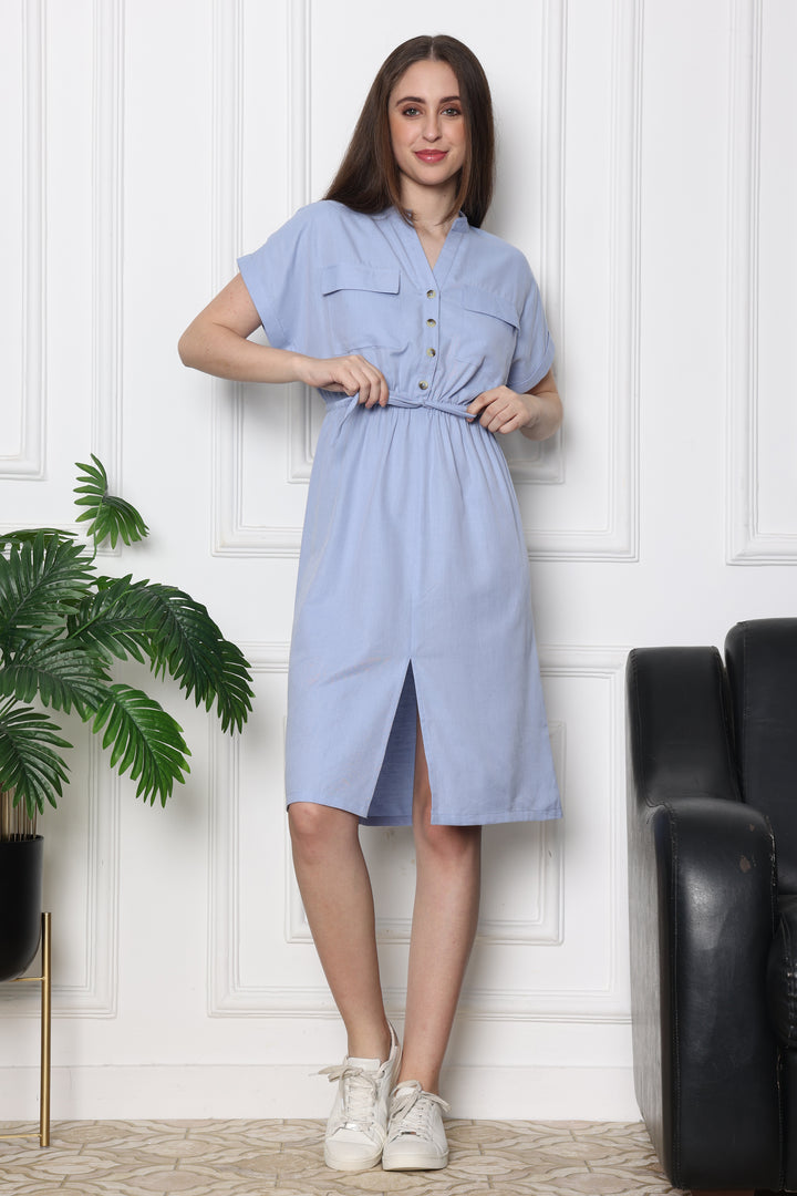  Sky Mist Safari Modern Tie Up Dress With Front Pockets 