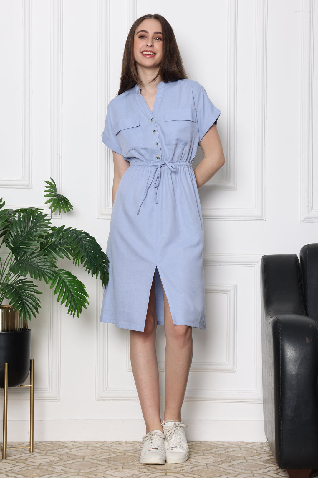  Sky Mist Safari Modern Tie Up Dress With Front Pockets 