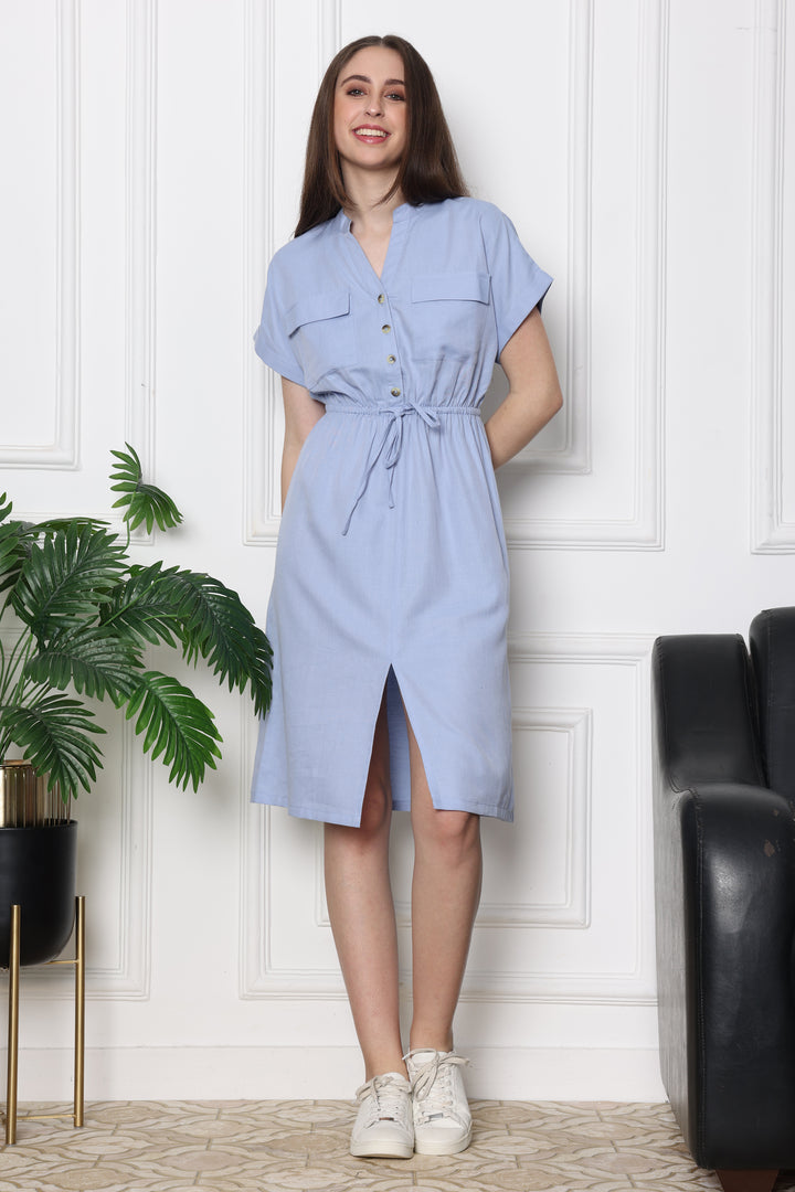  Sky Mist Safari Modern Tie Up Dress With Front Pockets 