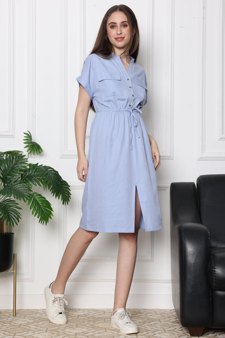  Sky Mist Safari Modern Tie Up Dress With Front Pockets 