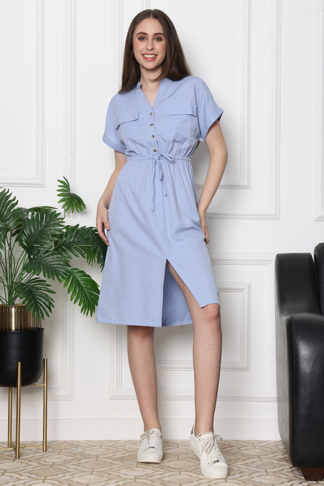  Sky Mist Safari Modern Tie Up Dress With Front Pockets 