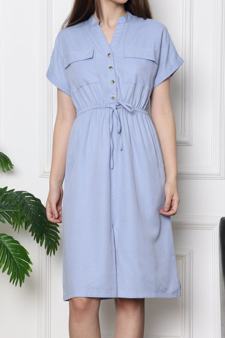  Sky Mist Safari Modern Tie Up Dress With Front Pockets 