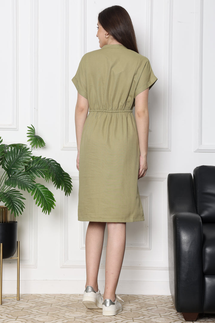  Minted Olive Safari Front Slit Dress WithTie Up Waist