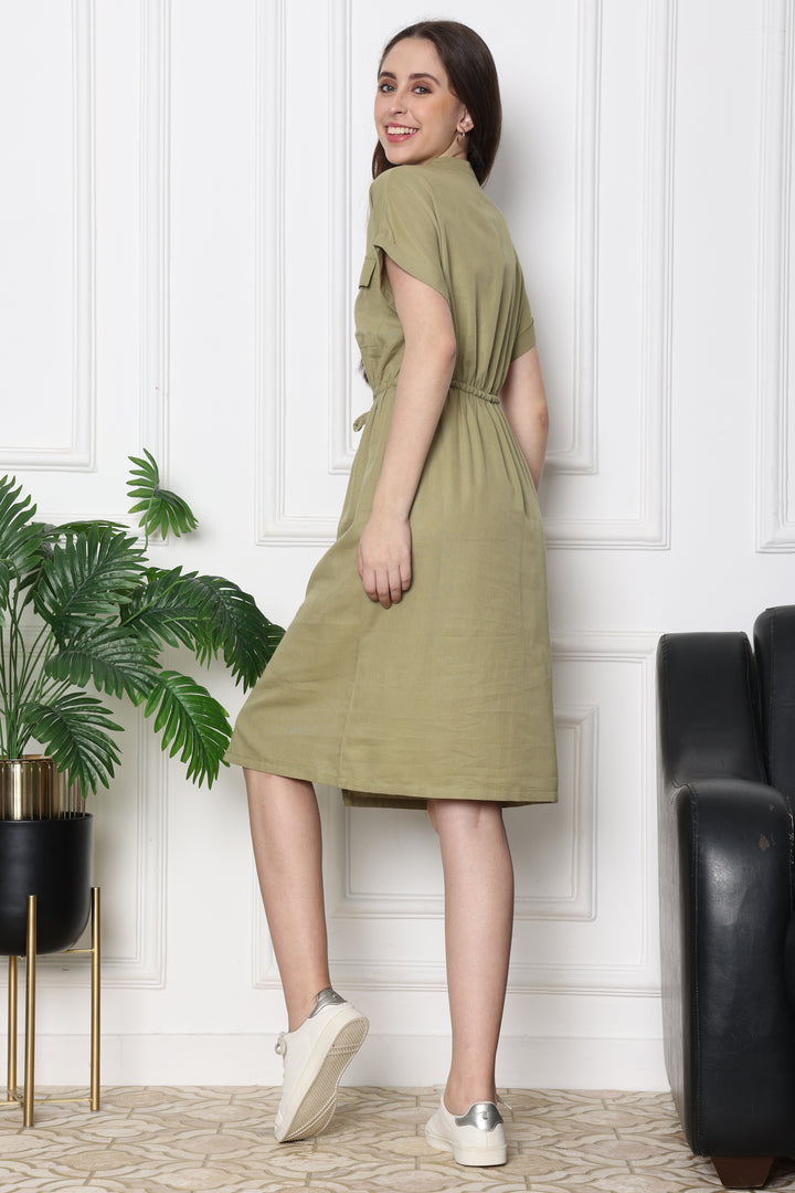  Minted Olive Safari Front Slit Dress WithTie Up Waist