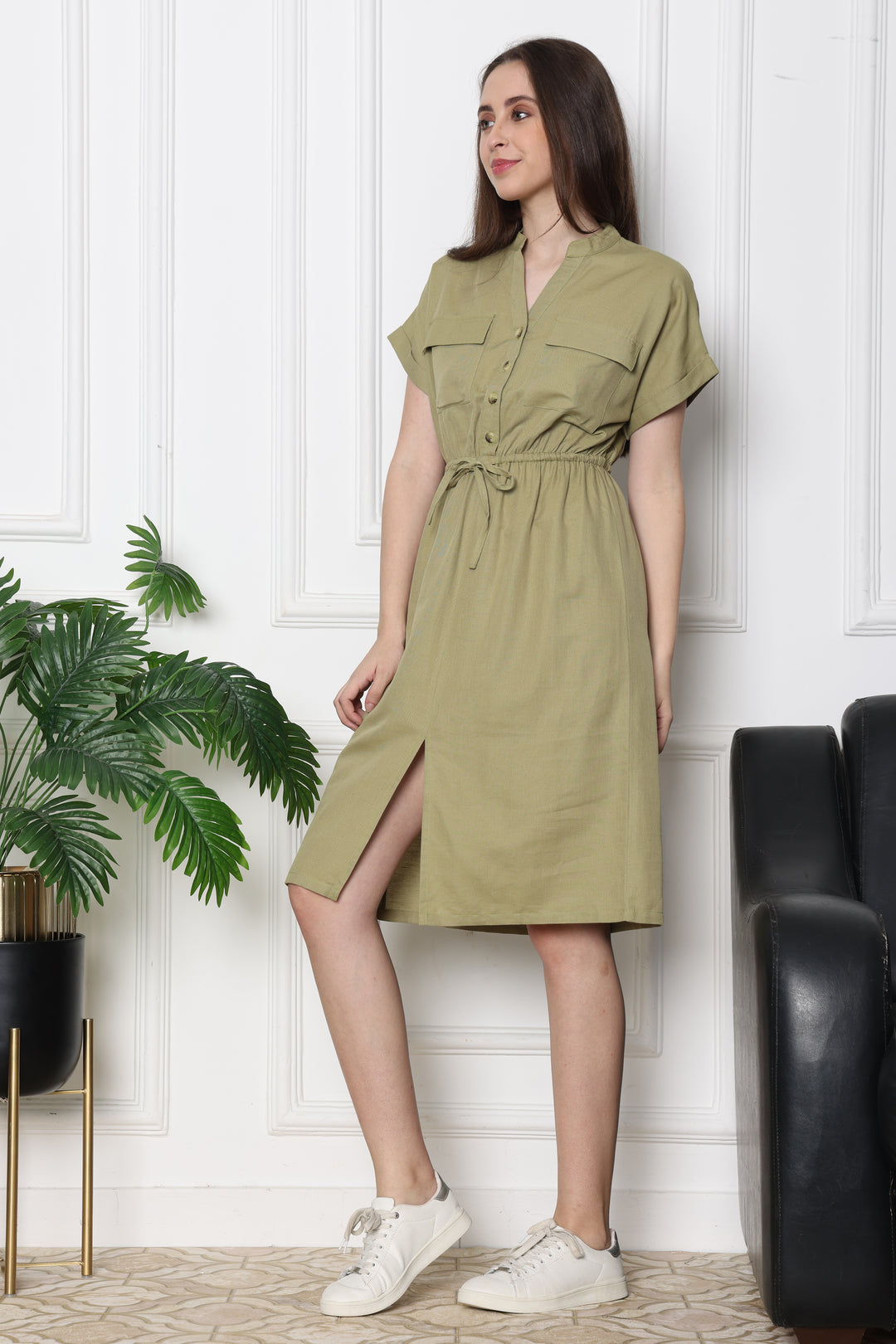  Minted Olive Safari Front Slit Dress WithTie Up Waist