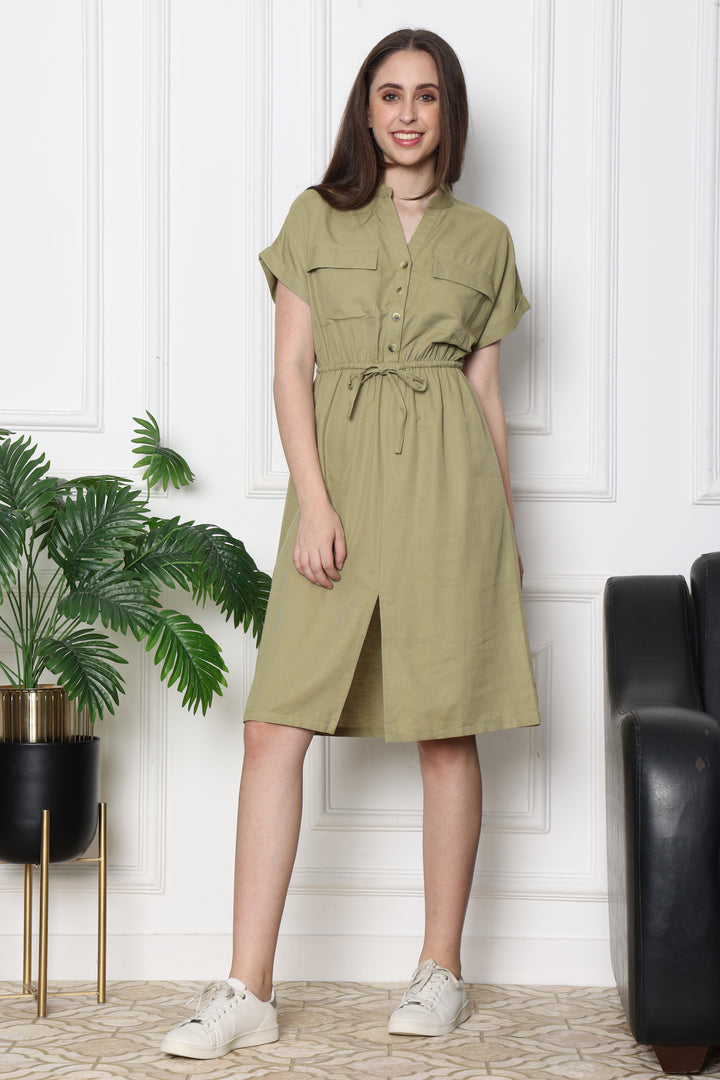  Minted Olive Safari Front Slit Dress WithTie Up Waist