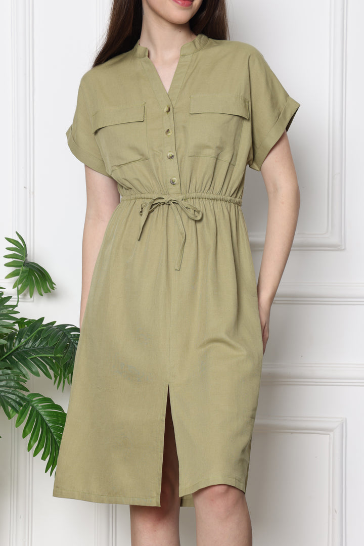  Minted Olive Safari Front Slit Dress WithTie Up Waist