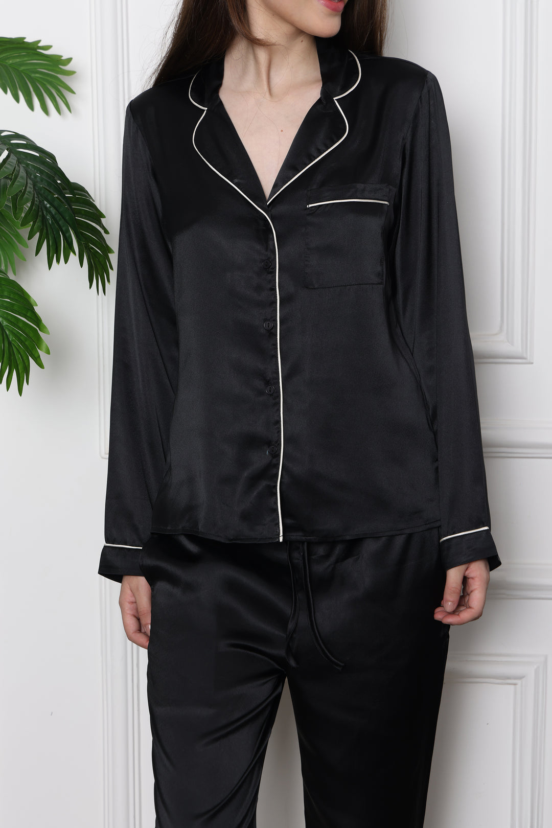 Black Opulence Button through Collared Pyjama Set in Japan Satin