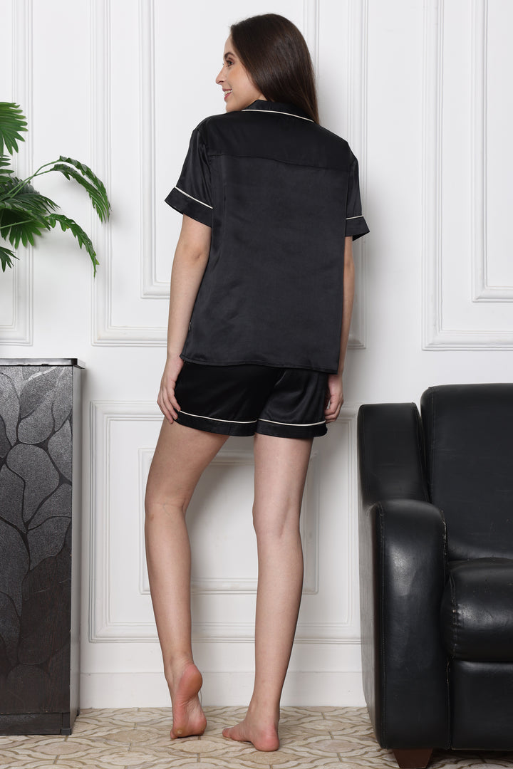Midnight Charm Button Through Collared Half Sleeve Short Set in Japan Satin