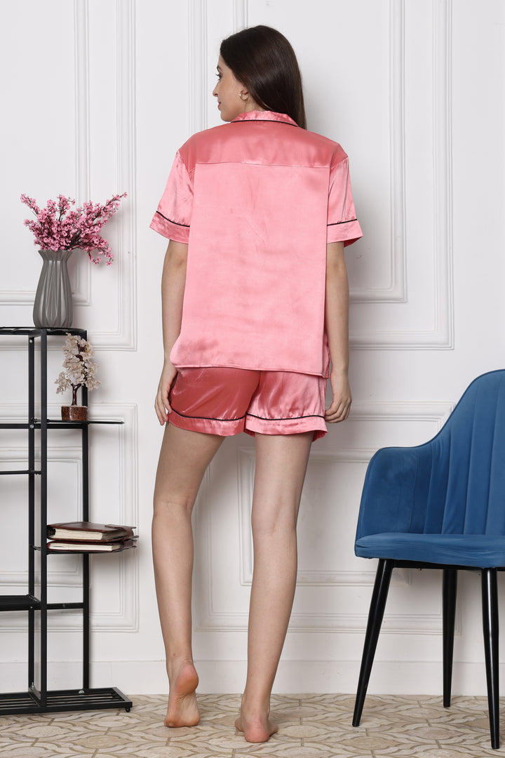 Peony Glow Button Through Collared Half Sleeve Short Set in Japan Satin