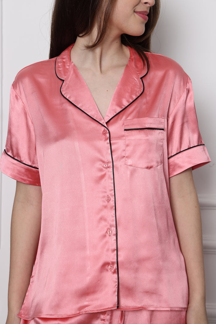 Peony Glow Button Through Collared Half Sleeve Short Set in Japan Satin
