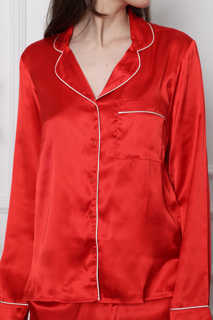 Ember Bliss Collared Pyjama Red Co Ord Set for Women