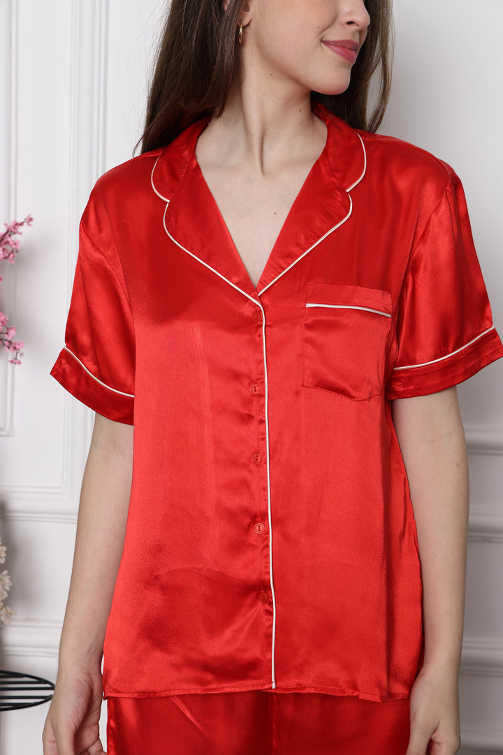 Passion Nights button Through Collared Half Sleeve Short Set in Japan Satin
