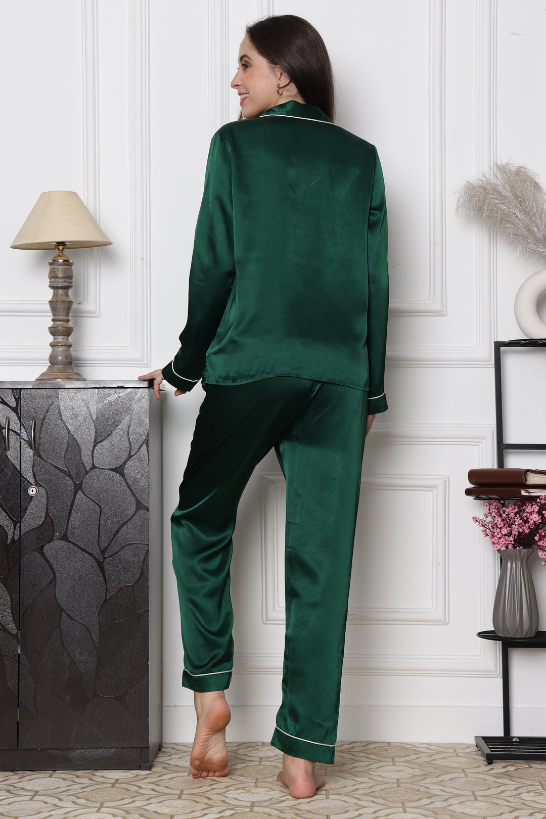 Emerald Serenity Collared Two Piece Lounge Sets for Women