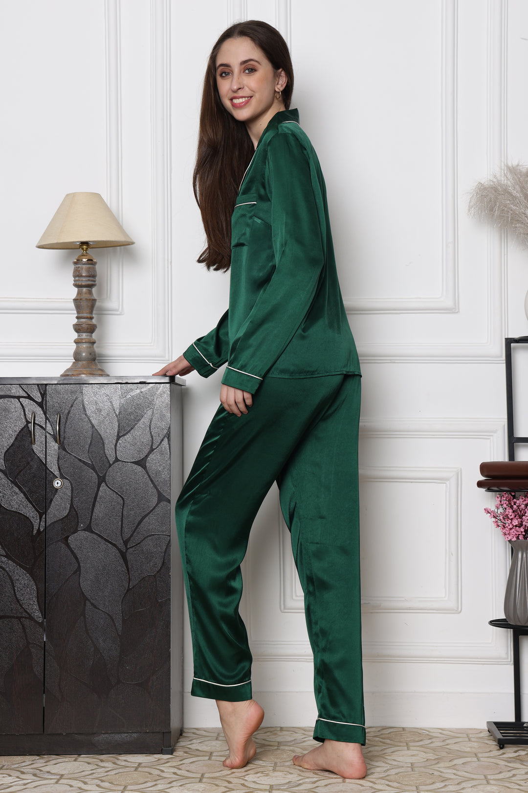 Emerald Serenity Collared Two Piece Lounge Sets for Women