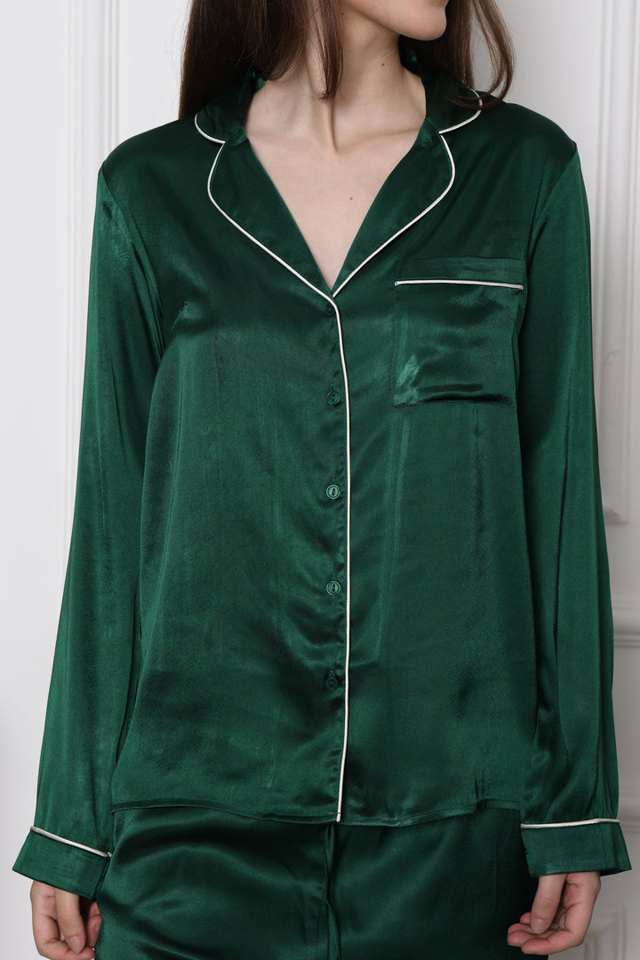 Emerald Serenity Collared Two Piece Lounge Sets for Women
