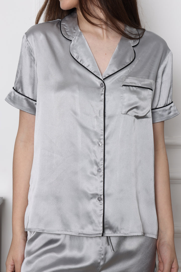 Silver Gleam Button Through Collared Half Sleeve Short Set in Japan Satin
