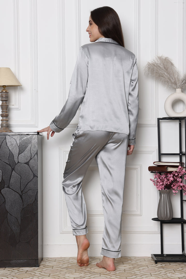Moonlit Allure Collared Pyjama Silver Co Ord Set for Women