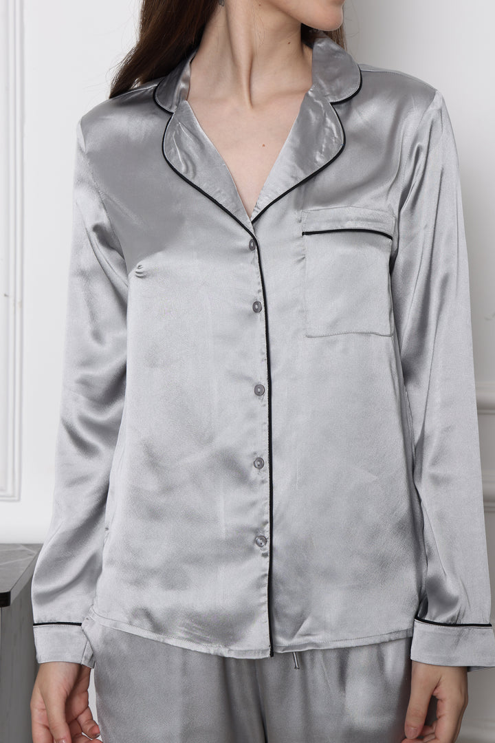 Moonlit Allure Collared Pyjama Silver Co Ord Set for Women