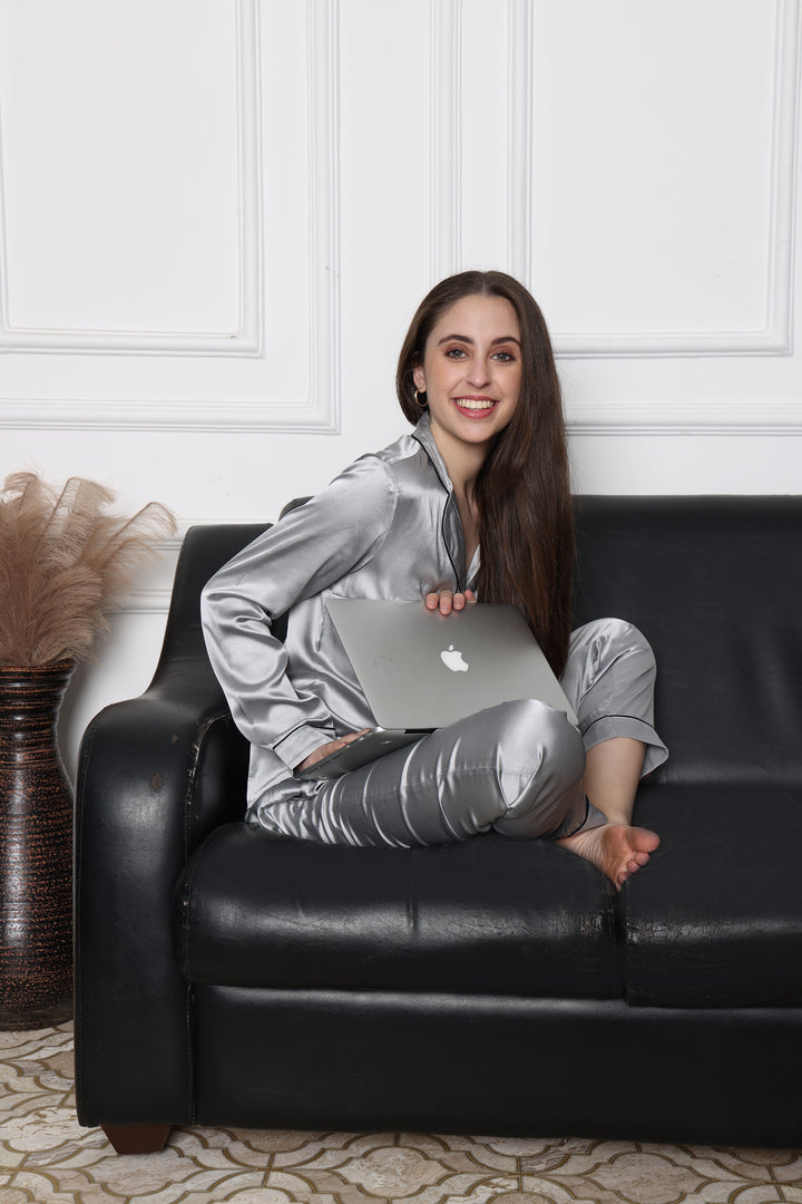 Moonlit Allure Collared Pyjama Silver Co Ord Set for Women