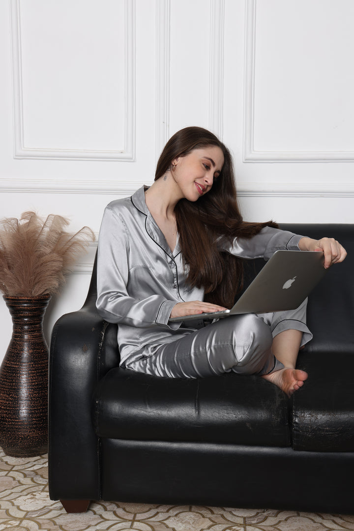 Moonlit Allure Collared Pyjama Silver Co Ord Set for Women