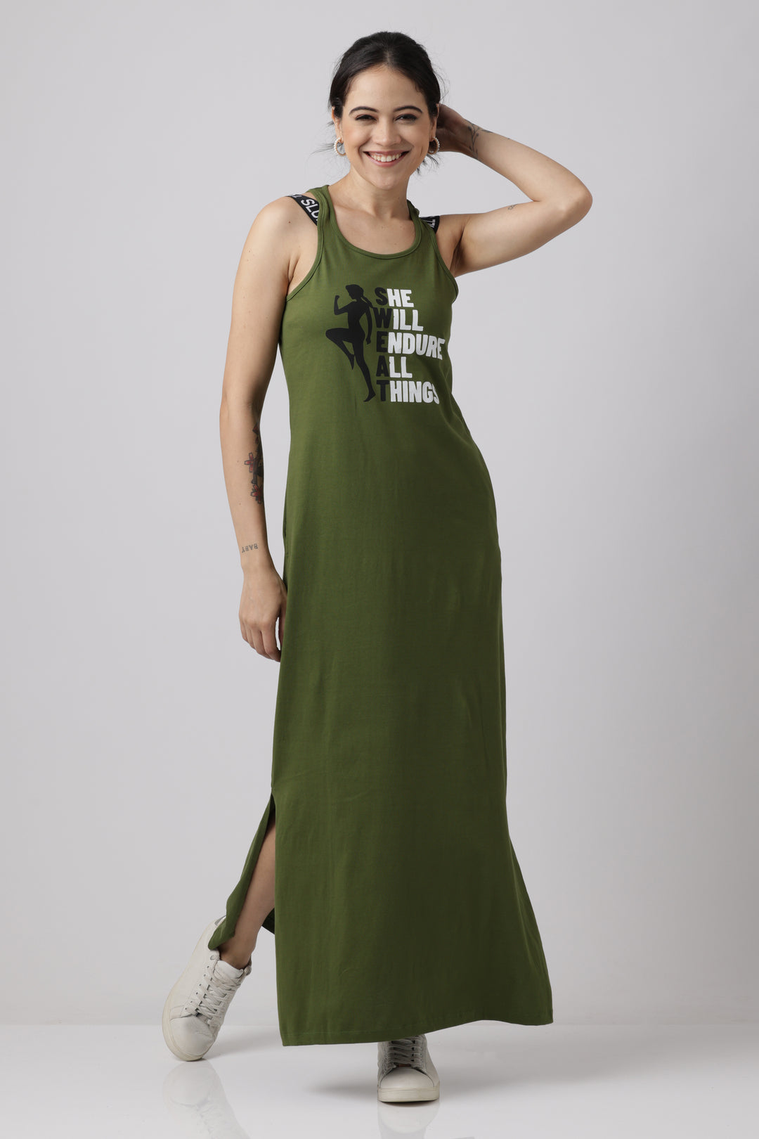 Pesto Greens Sporty Luxe Lounge Dress With Freshon Finish