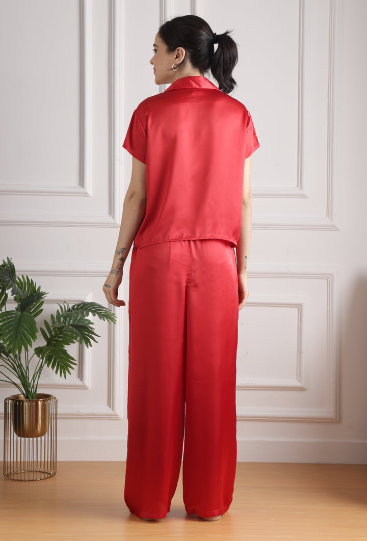 Crimson Elegance Collared red pajama set for women