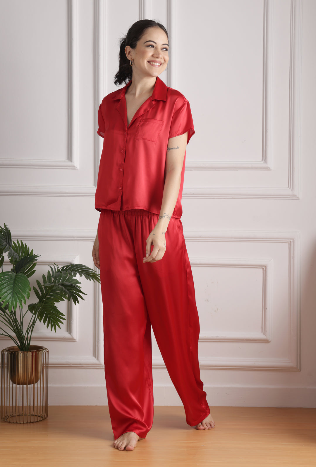 Crimson Elegance Collared red pajama set for women