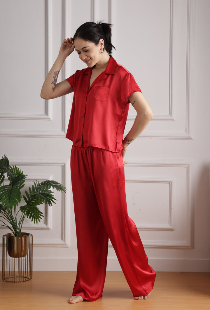 Crimson Elegance Collared red pajama set for women