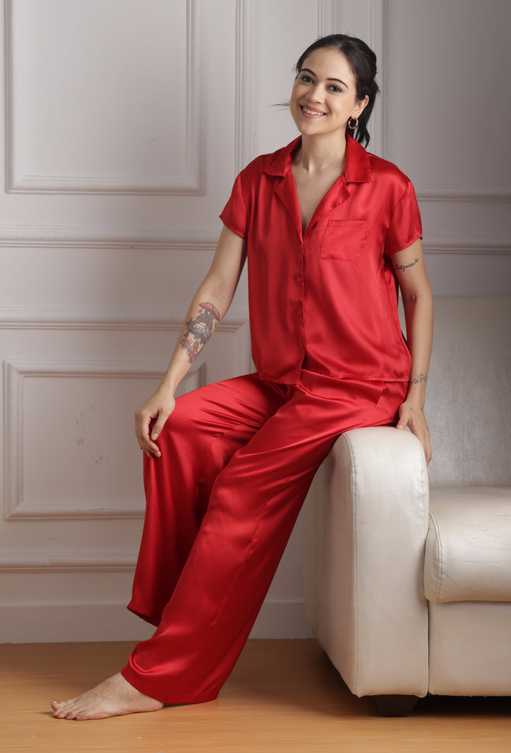 Crimson Elegance Collared red pajama set for women