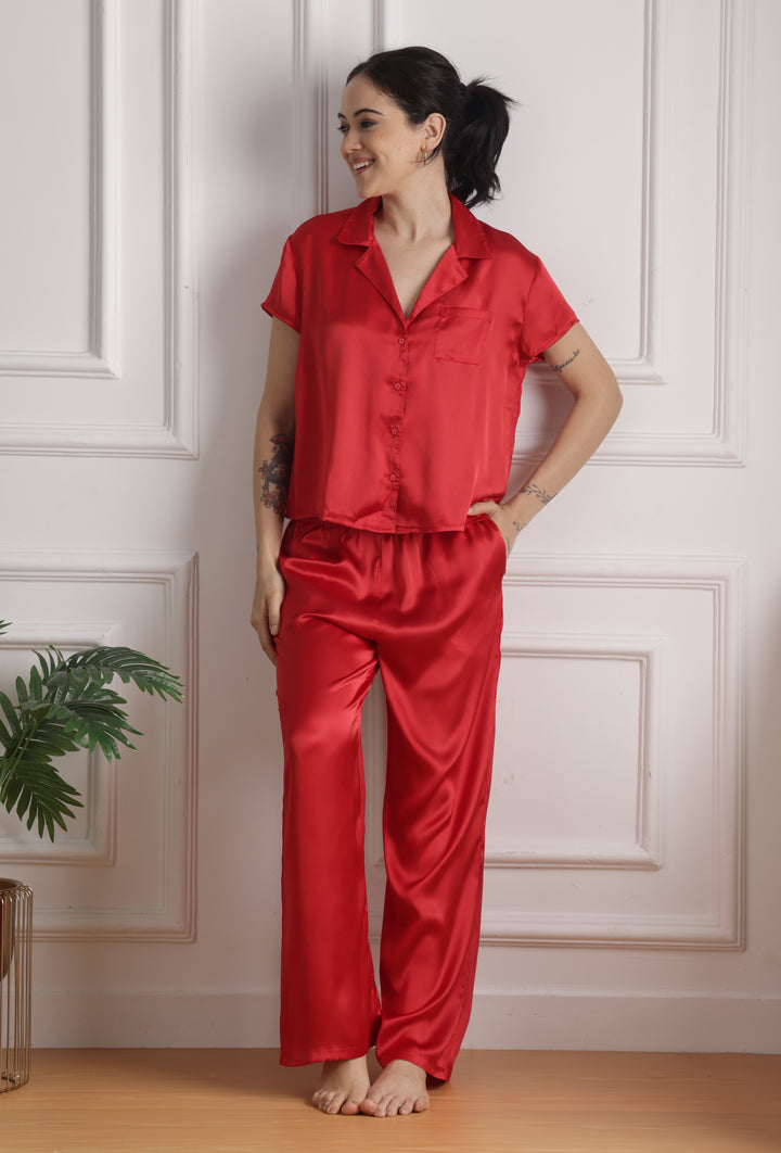 Crimson Elegance Collared red pajama set for women