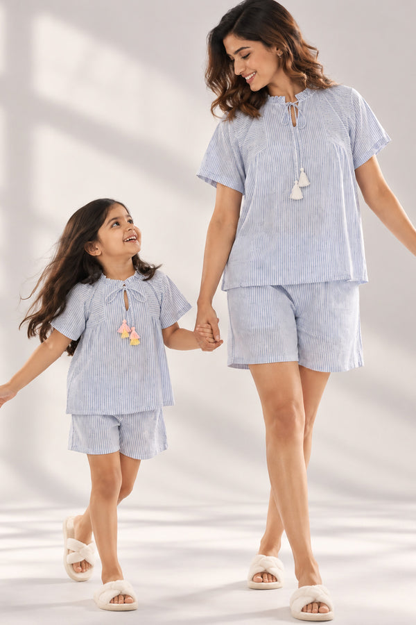 Mom & Me - Urban Breeze Dusty Blue Stripe Short Set